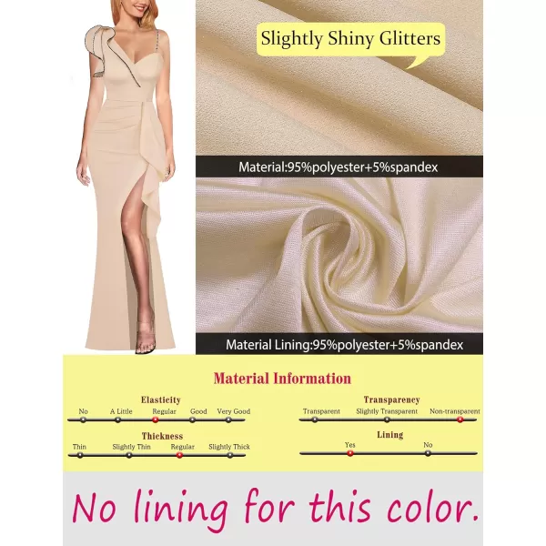 VFSHOW Womens Ruched Ruffle One Shoulder Strap Wedding Formal Prom Maxi Dress Sexy Split V Neck Cocktail Evening Long GownSparkly Beige2