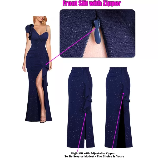 VFSHOW Womens Ruched Ruffle One Shoulder Strap Wedding Formal Prom Maxi Dress Sexy Split V Neck Cocktail Evening Long GownSparkly Dark Blue