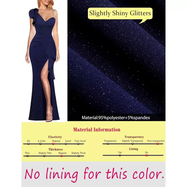 VFSHOW Womens Ruched Ruffle One Shoulder Strap Wedding Formal Prom Maxi Dress Sexy Split V Neck Cocktail Evening Long GownSparkly Dark Blue