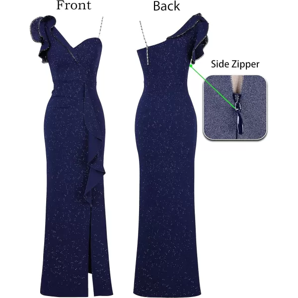 VFSHOW Womens Ruched Ruffle One Shoulder Strap Wedding Formal Prom Maxi Dress Sexy Split V Neck Cocktail Evening Long GownSparkly Dark Blue
