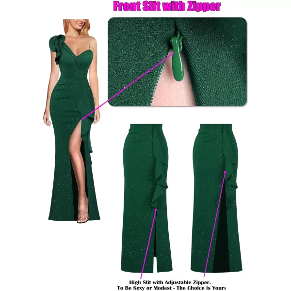 VFSHOW Womens Ruched Ruffle One Shoulder Strap Wedding Formal Prom Maxi Dress Sexy Split V Neck Cocktail Evening Long GownSparkly Dark Green