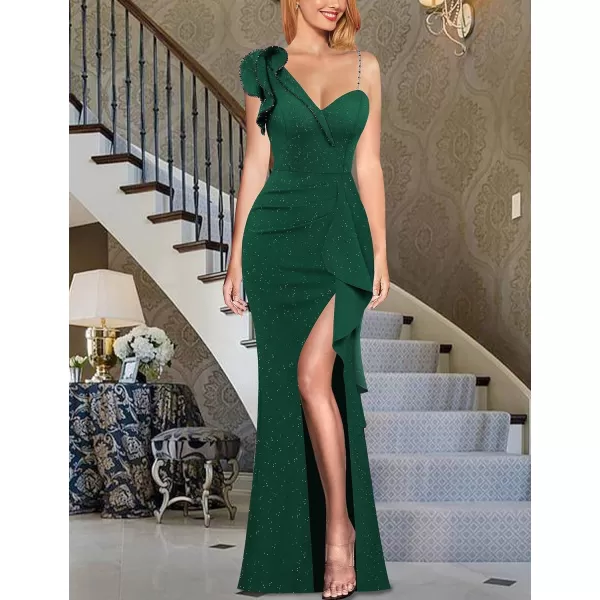 VFSHOW Womens Ruched Ruffle One Shoulder Strap Wedding Formal Prom Maxi Dress Sexy Split V Neck Cocktail Evening Long GownSparkly Dark Green