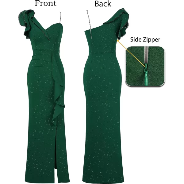 VFSHOW Womens Ruched Ruffle One Shoulder Strap Wedding Formal Prom Maxi Dress Sexy Split V Neck Cocktail Evening Long GownSparkly Dark Green