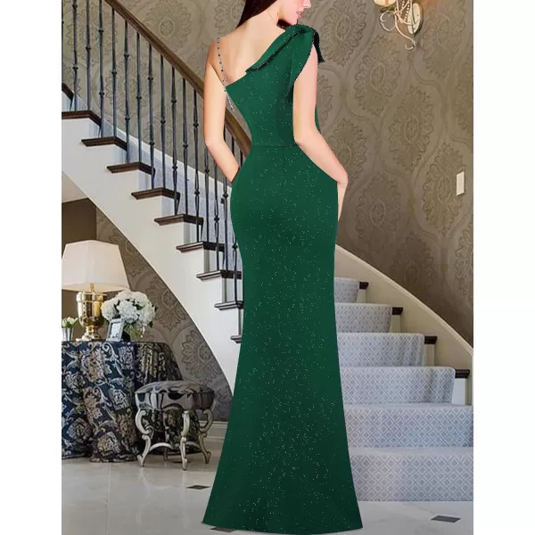 VFSHOW Womens Ruched Ruffle One Shoulder Strap Wedding Formal Prom Maxi Dress Sexy Split V Neck Cocktail Evening Long GownSparkly Dark Green