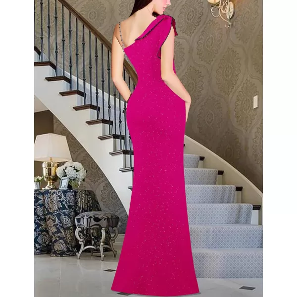 VFSHOW Womens Ruched Ruffle One Shoulder Strap Wedding Formal Prom Maxi Dress Sexy Split V Neck Cocktail Evening Long GownSparkly Hot Pink