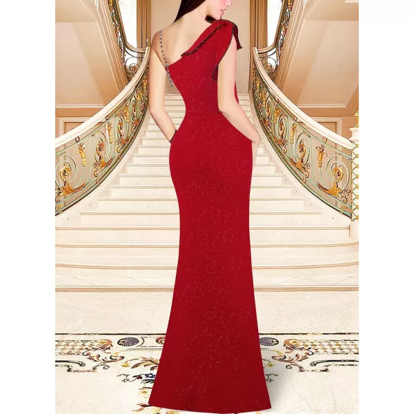 VFSHOW Womens Ruched Ruffle One Shoulder Strap Wedding Formal Prom Maxi Dress Sexy Split V Neck Cocktail Evening Long GownSparkly Red