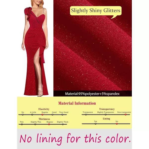 VFSHOW Womens Ruched Ruffle One Shoulder Strap Wedding Formal Prom Maxi Dress Sexy Split V Neck Cocktail Evening Long GownSparkly Red