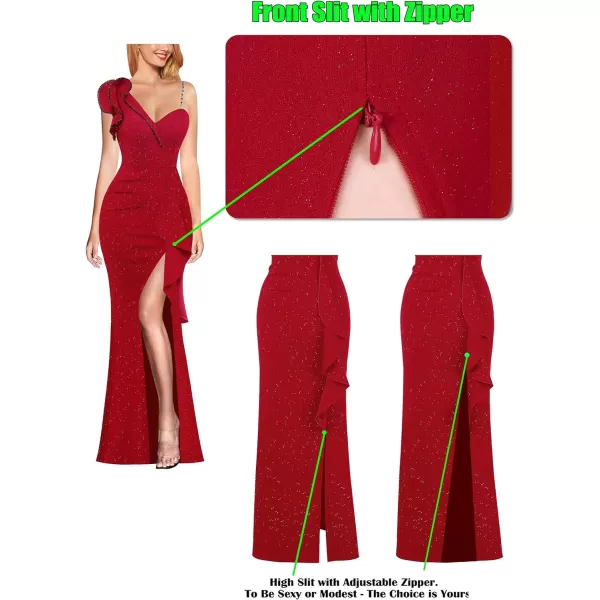 VFSHOW Womens Ruched Ruffle One Shoulder Strap Wedding Formal Prom Maxi Dress Sexy Split V Neck Cocktail Evening Long GownSparkly Red