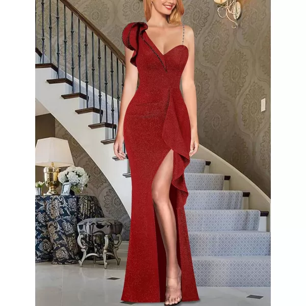 VFSHOW Womens Ruched Ruffle One Shoulder Strap Wedding Formal Prom Maxi Dress Sexy Split V Neck Cocktail Evening Long GownSparkly Red2