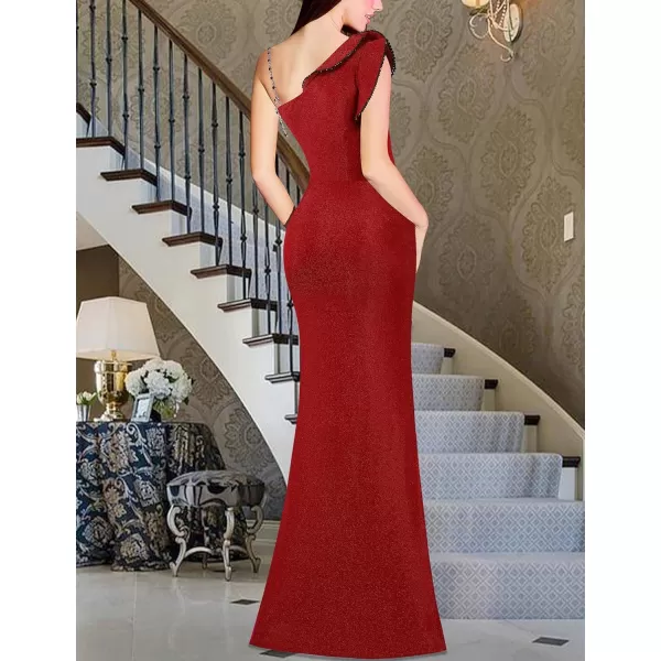 VFSHOW Womens Ruched Ruffle One Shoulder Strap Wedding Formal Prom Maxi Dress Sexy Split V Neck Cocktail Evening Long GownSparkly Red2