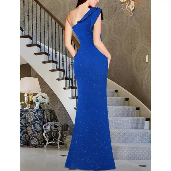 VFSHOW Womens Ruched Ruffle One Shoulder Strap Wedding Formal Prom Maxi Dress Sexy Split V Neck Cocktail Evening Long GownSparkly Royal Blue