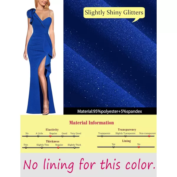 VFSHOW Womens Ruched Ruffle One Shoulder Strap Wedding Formal Prom Maxi Dress Sexy Split V Neck Cocktail Evening Long GownSparkly Royal Blue