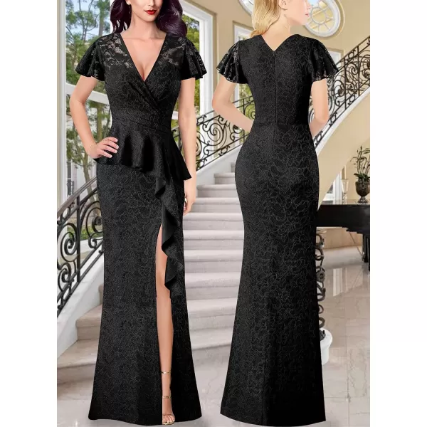 VFSHOW Womens Ruched Wrap V Neck Ruffle Formal Prom Peplum High Slit Maxi Dress 2023 Wedding Guest Cocktail Evening Long GownBlack Floral Lace