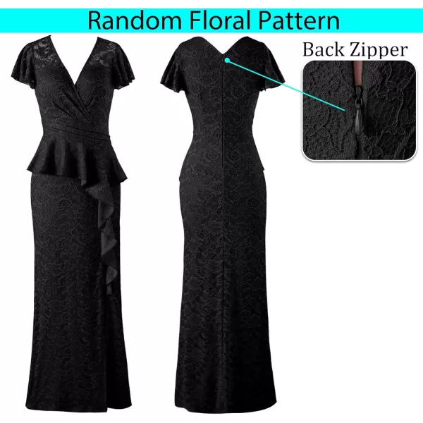 VFSHOW Womens Ruched Wrap V Neck Ruffle Formal Prom Peplum High Slit Maxi Dress 2023 Wedding Guest Cocktail Evening Long GownBlack Floral Lace