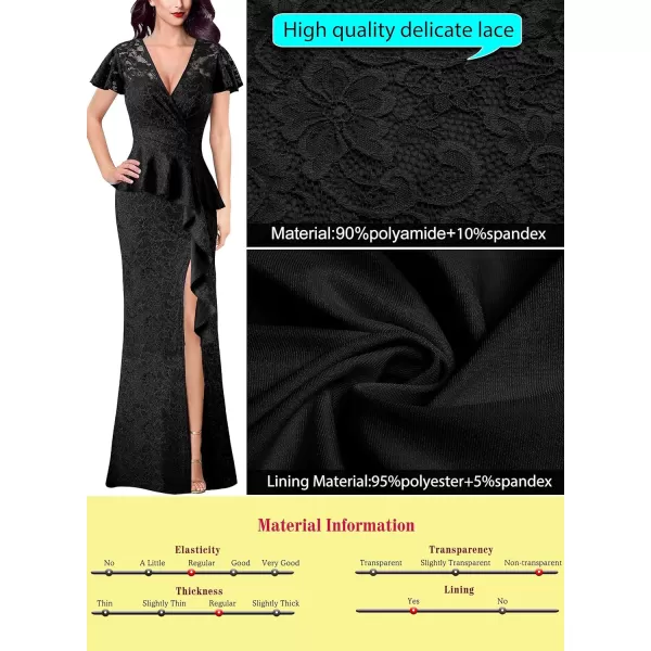 VFSHOW Womens Ruched Wrap V Neck Ruffle Formal Prom Peplum High Slit Maxi Dress 2023 Wedding Guest Cocktail Evening Long GownBlack Floral Lace