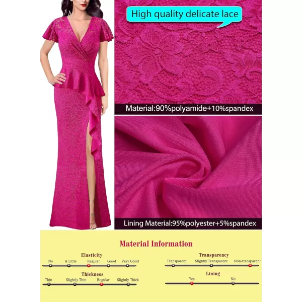 VFSHOW Womens Ruched Wrap V Neck Ruffle Formal Prom Peplum High Slit Maxi Dress 2023 Wedding Guest Cocktail Evening Long GownHot Pink Floral Lace