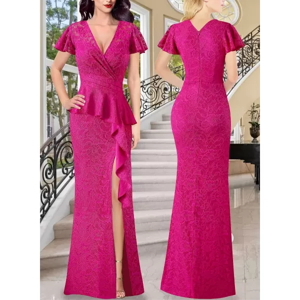 VFSHOW Womens Ruched Wrap V Neck Ruffle Formal Prom Peplum High Slit Maxi Dress 2023 Wedding Guest Cocktail Evening Long GownHot Pink Floral Lace