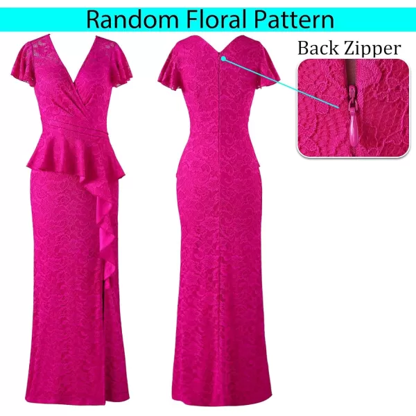 VFSHOW Womens Ruched Wrap V Neck Ruffle Formal Prom Peplum High Slit Maxi Dress 2023 Wedding Guest Cocktail Evening Long GownHot Pink Floral Lace