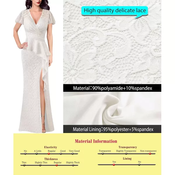 VFSHOW Womens Ruched Wrap V Neck Ruffle Formal Prom Peplum High Slit Maxi Dress 2023 Wedding Guest Cocktail Evening Long GownOffwhite Floral Lace