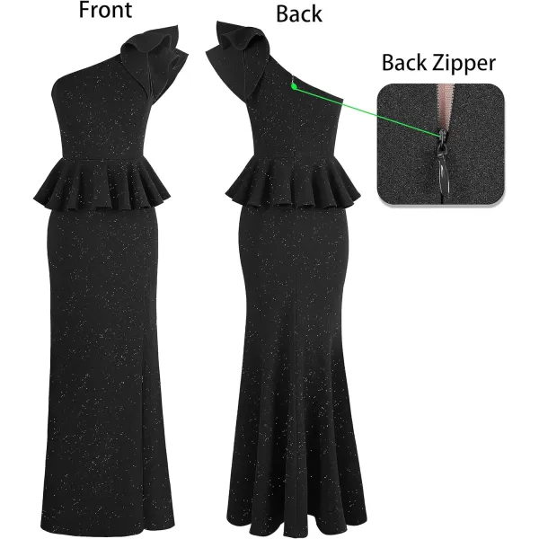 VFSHOW Womens Ruffle One Shoulder Peplum Formal Wedding Guest Maxi Dress 2023 3D Flower Evening Split Mother of Bride GownSparkly Black