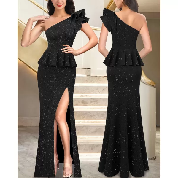 VFSHOW Womens Ruffle One Shoulder Peplum Formal Wedding Guest Maxi Dress 2023 3D Flower Evening Split Mother of Bride GownSparkly Black