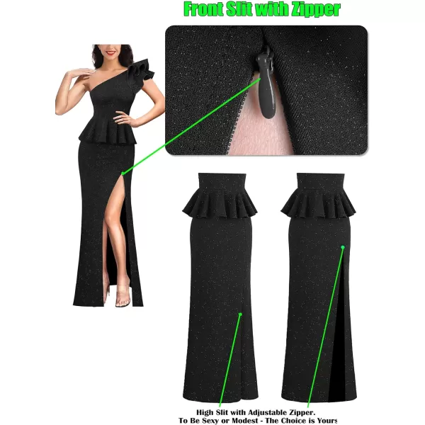 VFSHOW Womens Ruffle One Shoulder Peplum Formal Wedding Guest Maxi Dress 2023 3D Flower Evening Split Mother of Bride GownSparkly Black