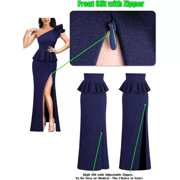 VFSHOW Womens Ruffle One Shoulder Peplum Formal Wedding Guest Maxi Dress 2023 3D Flower Evening Split Mother of Bride GownSparkly Navy Blue