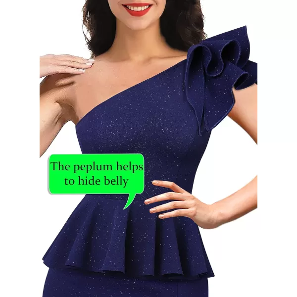 VFSHOW Womens Ruffle One Shoulder Peplum Formal Wedding Guest Maxi Dress 2023 3D Flower Evening Split Mother of Bride GownSparkly Navy Blue