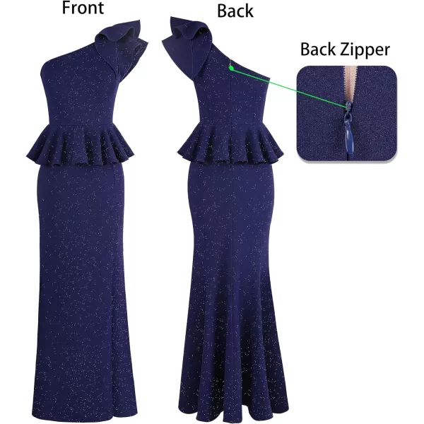 VFSHOW Womens Ruffle One Shoulder Peplum Formal Wedding Guest Maxi Dress 2023 3D Flower Evening Split Mother of Bride GownSparkly Navy Blue