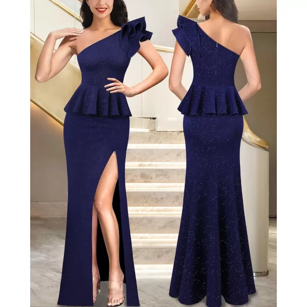 VFSHOW Womens Ruffle One Shoulder Peplum Formal Wedding Guest Maxi Dress 2023 3D Flower Evening Split Mother of Bride GownSparkly Navy Blue