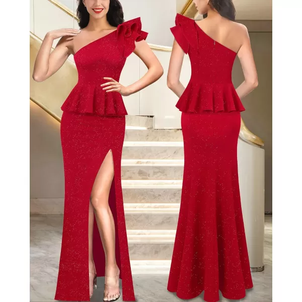 VFSHOW Womens Ruffle One Shoulder Peplum Formal Wedding Guest Maxi Dress 2023 3D Flower Evening Split Mother of Bride GownSparkly Red