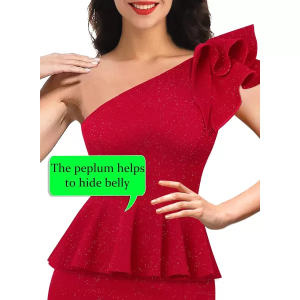 VFSHOW Womens Ruffle One Shoulder Peplum Formal Wedding Guest Maxi Dress 2023 3D Flower Evening Split Mother of Bride GownSparkly Red