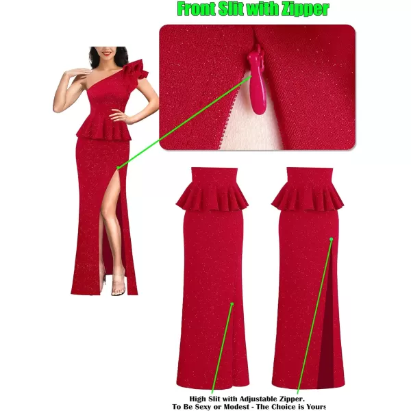 VFSHOW Womens Ruffle One Shoulder Peplum Formal Wedding Guest Maxi Dress 2023 3D Flower Evening Split Mother of Bride GownSparkly Red