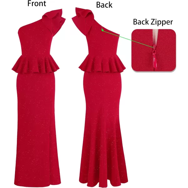 VFSHOW Womens Ruffle One Shoulder Peplum Formal Wedding Guest Maxi Dress 2023 3D Flower Evening Split Mother of Bride GownSparkly Red