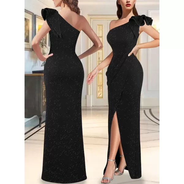 VFSHOW Womens Ruffle One Shoulder Ruched Formal Prom Wedding Guest Maxi Dress 2023 Sexy Split Long Cocktail Evening GownSparkly Black