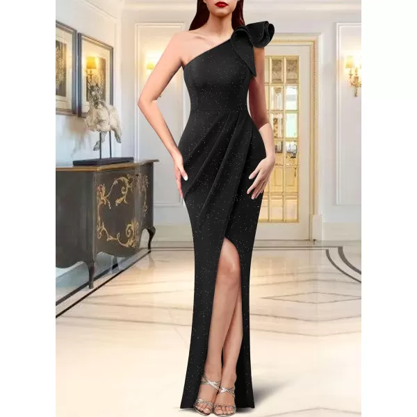 VFSHOW Womens Ruffle One Shoulder Ruched Formal Prom Wedding Guest Maxi Dress 2023 Sexy Split Long Cocktail Evening GownSparkly Black