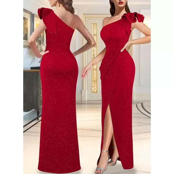 VFSHOW Womens Ruffle One Shoulder Ruched Formal Prom Wedding Guest Maxi Dress 2023 Sexy Split Long Cocktail Evening GownSparkly Red