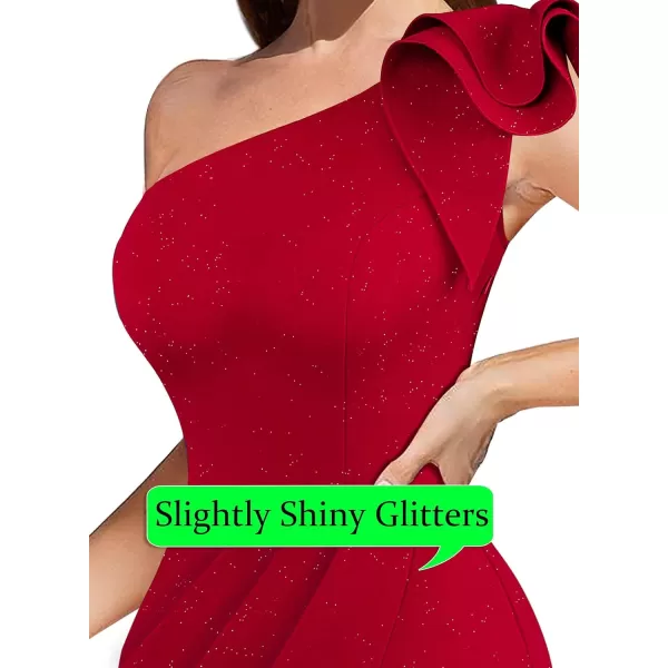 VFSHOW Womens Ruffle One Shoulder Ruched Formal Prom Wedding Guest Maxi Dress 2023 Sexy Split Long Cocktail Evening GownSparkly Red
