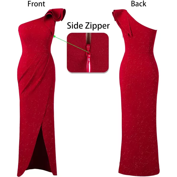 VFSHOW Womens Ruffle One Shoulder Ruched Formal Prom Wedding Guest Maxi Dress 2023 Sexy Split Long Cocktail Evening GownSparkly Red