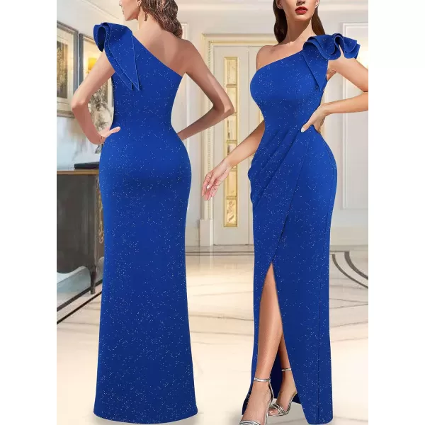 VFSHOW Womens Ruffle One Shoulder Ruched Formal Prom Wedding Guest Maxi Dress 2023 Sexy Split Long Cocktail Evening GownSparkly Royal Blue