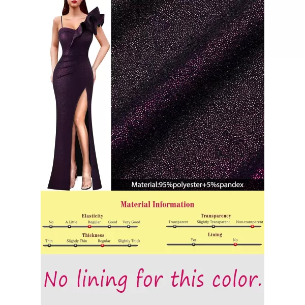 VFSHOW Womens Ruffle One Shoulder Strap Ruched Formal Prom Wedding Maxi Dress V Neck Elegant Split Cocktail Evening Long GownBlack With Purple Metallic Stitching