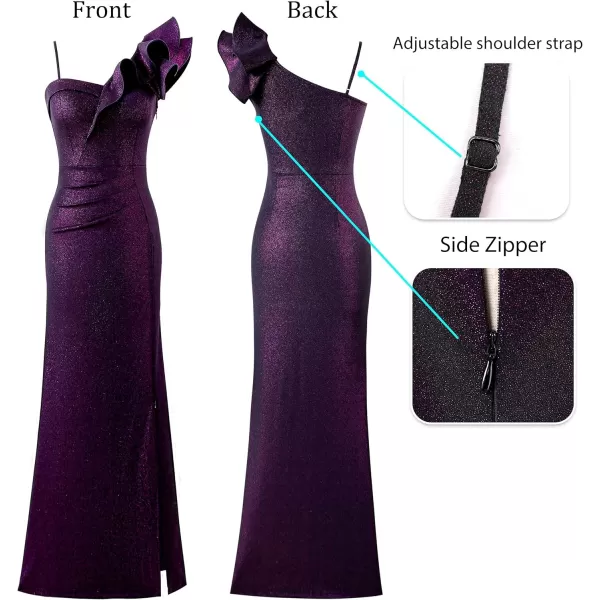 VFSHOW Womens Ruffle One Shoulder Strap Ruched Formal Prom Wedding Maxi Dress V Neck Elegant Split Cocktail Evening Long GownBlack With Purple Metallic Stitching