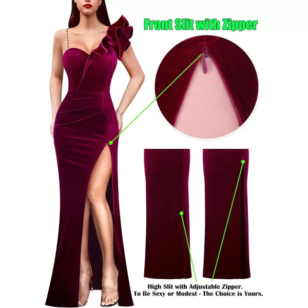 VFSHOW Womens Ruffle One Shoulder Strap Ruched Formal Prom Wedding Maxi Dress V Neck Elegant Split Cocktail Evening Long GownFuchsia Velvet