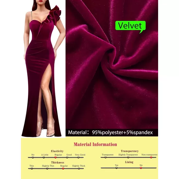 VFSHOW Womens Ruffle One Shoulder Strap Ruched Formal Prom Wedding Maxi Dress V Neck Elegant Split Cocktail Evening Long GownFuchsia Velvet