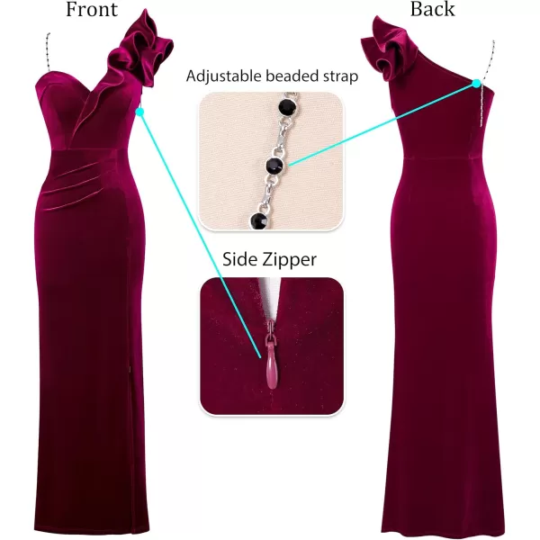 VFSHOW Womens Ruffle One Shoulder Strap Ruched Formal Prom Wedding Maxi Dress V Neck Elegant Split Cocktail Evening Long GownFuchsia Velvet