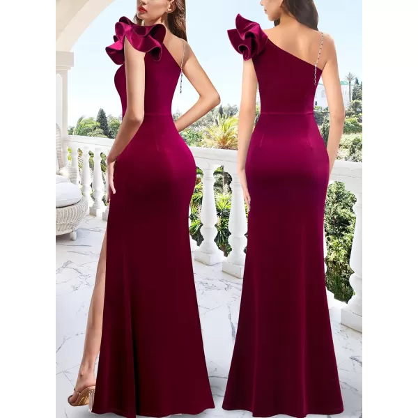 VFSHOW Womens Ruffle One Shoulder Strap Ruched Formal Prom Wedding Maxi Dress V Neck Elegant Split Cocktail Evening Long GownFuchsia Velvet