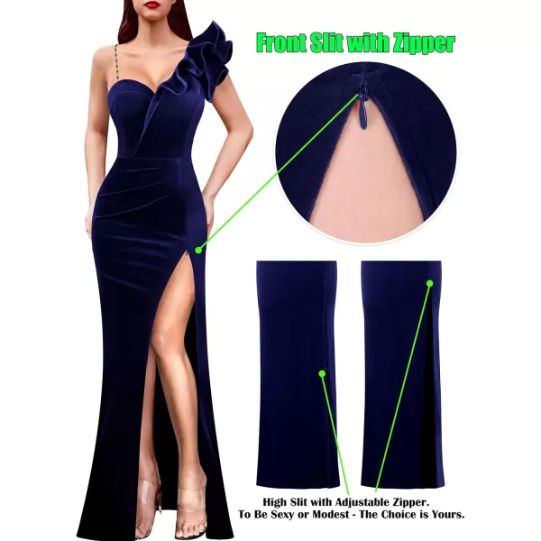 VFSHOW Womens Ruffle One Shoulder Strap Ruched Formal Prom Wedding Maxi Dress V Neck Elegant Split Cocktail Evening Long GownNavy Blue Velvet