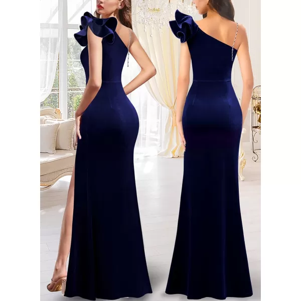 VFSHOW Womens Ruffle One Shoulder Strap Ruched Formal Prom Wedding Maxi Dress V Neck Elegant Split Cocktail Evening Long GownNavy Blue Velvet