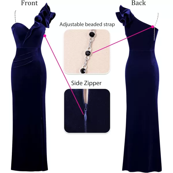 VFSHOW Womens Ruffle One Shoulder Strap Ruched Formal Prom Wedding Maxi Dress V Neck Elegant Split Cocktail Evening Long GownNavy Blue Velvet