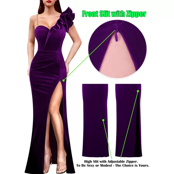 VFSHOW Womens Ruffle One Shoulder Strap Ruched Formal Prom Wedding Maxi Dress V Neck Elegant Split Cocktail Evening Long GownPurple Velvet